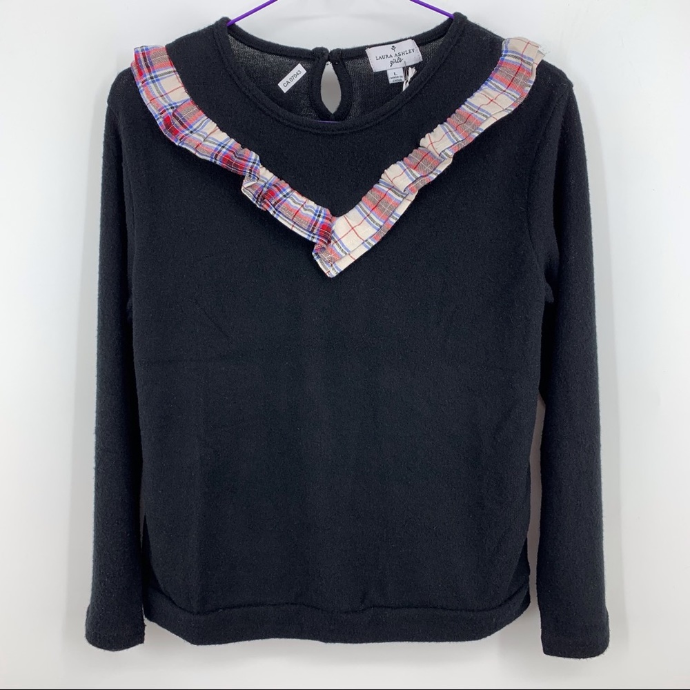 Laura Ashley Girls Black Long Sleeve Fleecy Top with Plaid Ruffle, Large